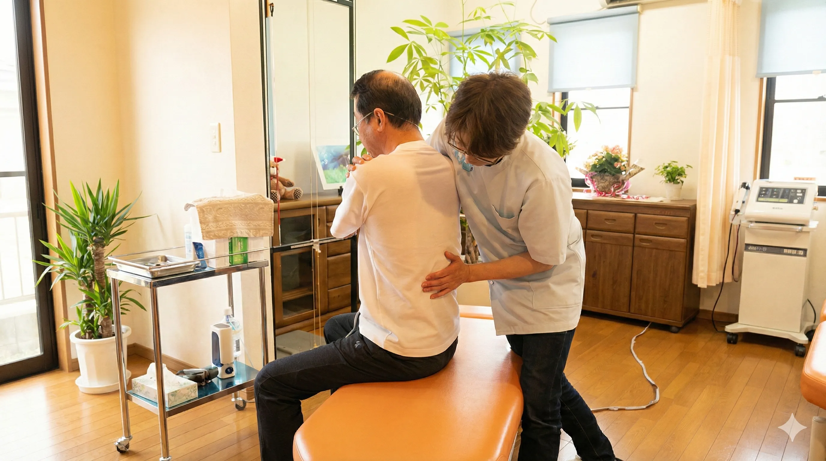 座位での背骨検査の様子
